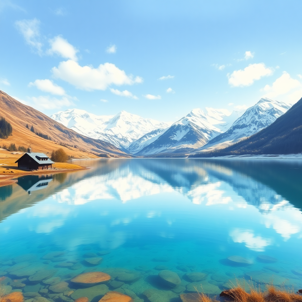 A refreshing landscape with a serene lake in the foreground reflects stunning snow-capped peaks in the background. This scene captures a tranquil alpine house made of dark wood, located near the water's edge, with a nearby ski lift tower visible. The water is crystal clear, showcasing vibrant turquoise tones that beautifully contrast with the earthy brown and green hues of the surrounding terrain. The sky is a soft blue, with clouds spreading across, adding to the peaceful atmosphere. Pastel-style painting.