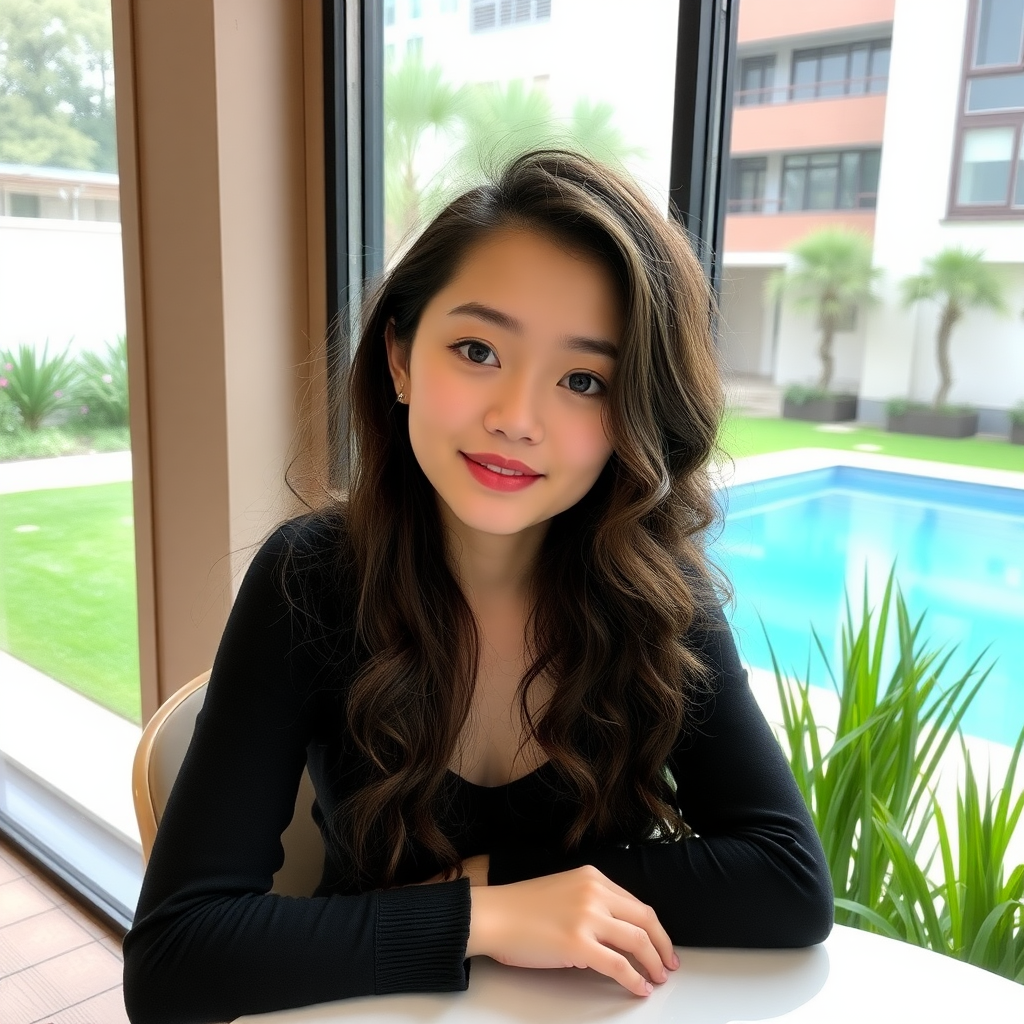 A young 18-year-old beautiful Xiaohongshu blogger, with fair skin, big eyes, long curly hair, an oval face, and very slim, sitting in a café, leaning on the table, with green grass and a swimming pool outside the window.