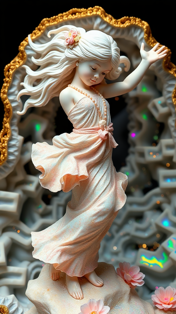 preteen girl statue in dynamic pose, porcelain doll, mandelbulb fractal, ultra-detailed, dynamic composition, artistic photograph, geode, alabaster, fractal, brilliant colors, glittering, illumination, transparency, translucent, opal, turquoise, gold, romanticism, sharp focus, pottery, floral, mother of pearl, iridescent, reflective, glossy