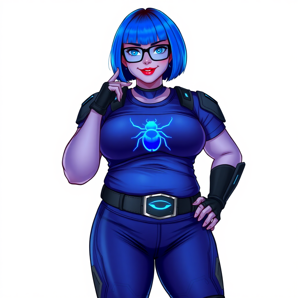 A 28-year-old, full-figured, metallic maximum blue (5PB 5/10) skinned computer program hybrid with a maximum blue bob cut. She has a non-athletic build, highlighted by a prominent, round, large midsection (with full emphasis on her round belly), which shows the effects of her love of junk food acquired from her boyfriend. As the full-figured, nerdy, digital sidekick to her cyberpunk vigilante boyfriend, her metallic maximum blue skin and maximum blue lipstick (5PB 5/12) emphasize her digital nature. Her skin has a subtle, animated glow, with digital patterns occasionally flickering across it, making her digital nature obvious. She wears a digital, computerized, superhero costume, consisting of a massive, tight-fitting, maximum blue t-shirt (5PB 5/12) made out of advanced nanotech with a neon blue chest icon of a beetle, hi-tech shoulder pads with neon blue accents, a black hi-tech belt with a digital neon blue glowing buckle, digital maximum blue biker pants (5PB 5/12) with neon blue accents, and black hi-tech fingerless biker gloves with neon blue glowing accents. Her neon blue glowing eyes, black eyeglasses with neon blue glowing lenses equipped with a built-in HUD, and bashful smile with neon red blush accentuate her nerdiness. She stands bashfully with one hand behind her back and the other hand gently touching her cheek, her costume covering all her skin (especially her midsection) and fully emphasizing her full figure (especially her round belly). She is clearly non-athletic, with a focus on her full-figured physique. Despite her build, she radiates beauty. She has a slim face compared to her physique, accentuating her radiant beauty. She is on a solid white background. She is drawn as if she were in a retro 2D cyberpunk fighting game.