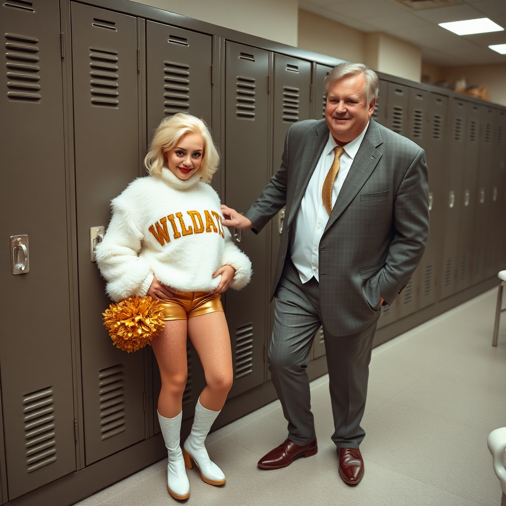 College football stadium, deserted cheerleaders squat locker room: Ana, a 17-year-old European very convincing femboy “QB’s trophy-bimbo,” tamed, servile, docile, with a very beautiful feminine flawless face, rather short boyish figure, platinum blond short tight curls, bold red lips, heavily made-up face, fluffy very fuzzy bright white plushy hazy thick angora turtleneck sweater with “gold” “WILDCATS” letters, vinyl gold short shorts, mesh pantyhose, white vinyl thigh-high boots with golden heels, large gold-white pompoms, pearl earrings, lovesick and aroused, standing leaning against the locker, shoulders slightly arched back to present her assets. Hank: an older tall overweight male football coach, wearing a sports suit, with a triumphant smile, nimbly pushing Ana against the locker.