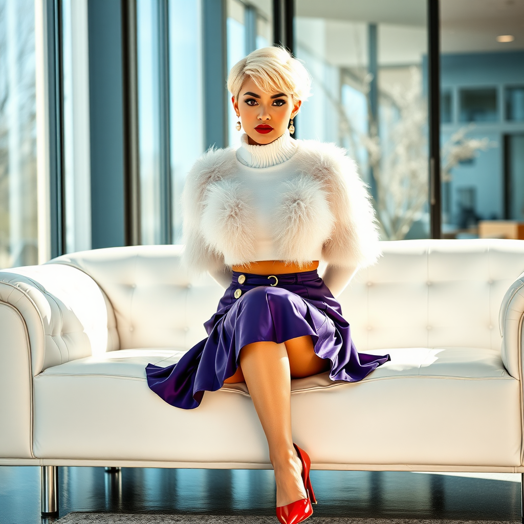 Sunny spring morning, modern glass-steel-concrete CEO office, sitting on white leather sofa: Nina, 17 years old very convincing femboy, tamed servile docile, very beautiful feminine flawless face, rather short, by hormones very curvaceous womanly figured, platinum blond short tight curls, bold red lips, heavily made-up face, wearing Supertanya-style fluffy very fuzzy bright white angora turtleneck-poncho cropped ending under bust, purple vinyl pleated mini-skirt, bright red pumps with golden very high heels, white pearl belly piercing, gold earrings, hands tied behind back, pout frustrated, looking at camera. Focus on face turtleneck-poncho skirt.