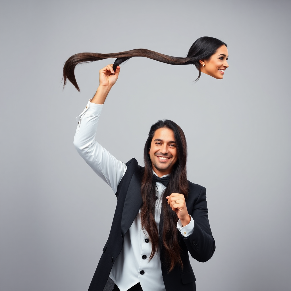 A surreal image of a smiling male magician holding up the disembodied head of a very long haired Meghan Markle. He is grabbing her very long hair and pulling it up high in the air, while her head is hanging by her hair from his grasp to display it to the camera. Plain gray background.