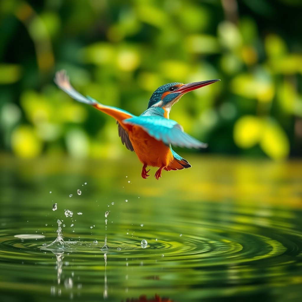 A vibrant kingfisher in mid-flight, captured against a blurred, lush green backdrop, creating a serene, natural atmosphere. The bird’s feathers display striking shades of turquoise and orange, glistening as water droplets scatter around it, emphasizing its motion. The scene conveys a hyperrealistic aesthetic, with sharp details highlighting the texture of the bird’s plumage and the rippling water surface. Soft reflections of surrounding greenery dance on the water, complementing the vivid colors of the kingfisher and adding depth to the composition. Gentle sunlight filters through, enhancing the warm tones and creating a tranquil setting.