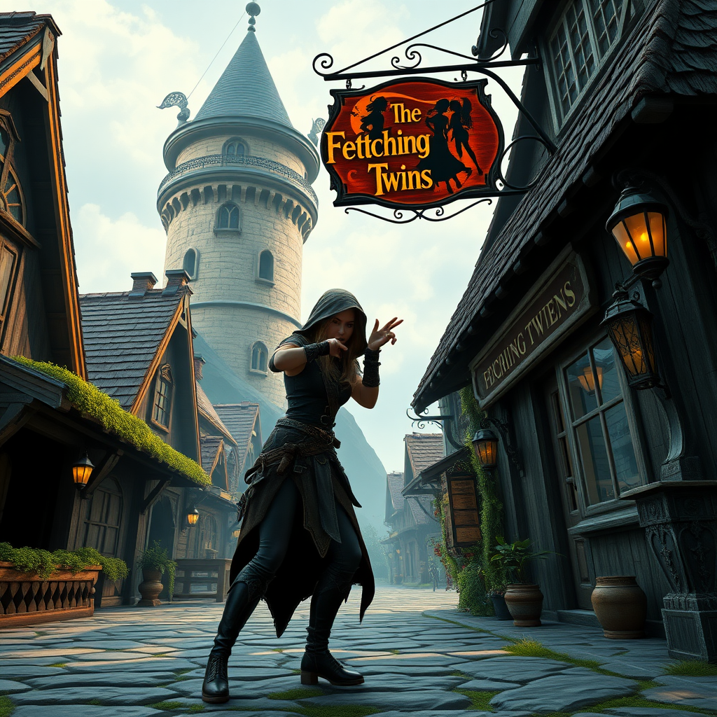 A wide distance shot of a female thief in a fantasy village. She is making a rude gesture towards someone. Mage tower in the background. Bar called "The Fetching Twins" sign (consisting of a silhouette of two women leaning together for a kiss).