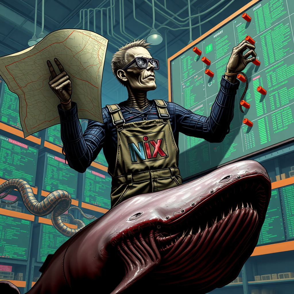 a cyberpunk frankenstein holding a big map in one hand and reaching for marker pins on a high board in a data warehouse, his arms are pythons. In the background are streams of data. His Overall reads "nix". He wears glasses in shape of snowflakes. he stands on a rotting, dead whale.