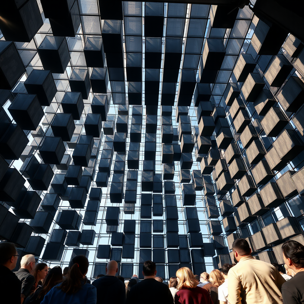 black grid cubes grid in the firmament, people look up in amazement