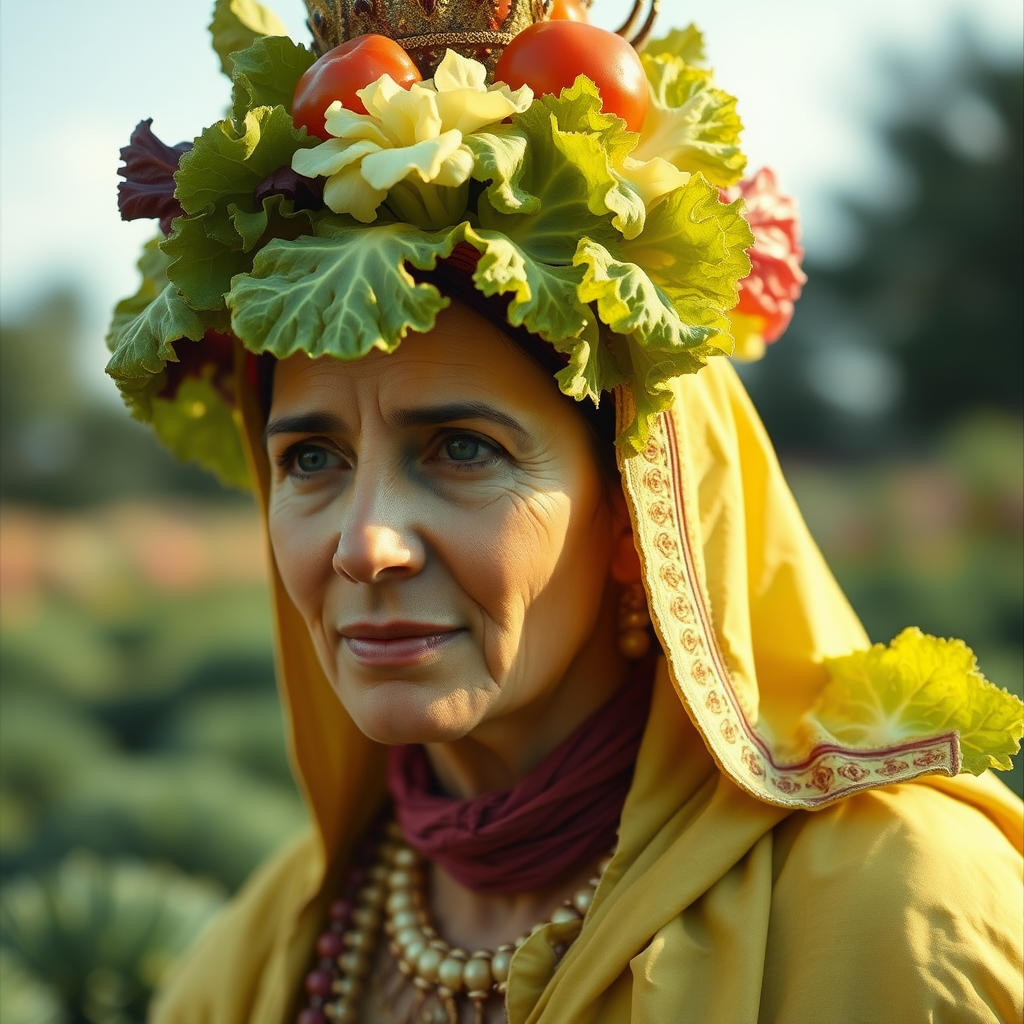 what's your salad headdress made of of? Romaine empire goddess of plebs. Swindler of distress, master of deception. captured on Nikon D40, digitally enhanced color correction, bifocally improved II inspiro Vivian Maier