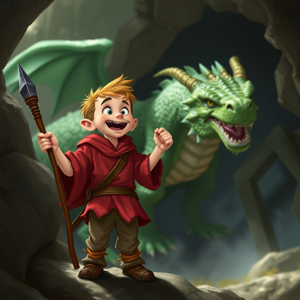 A small, skinny, light brown, excited kobald in a tattered red tunic and dirty brown pants wearing a quarterstaff on his back as he sees a large green dragon in a cave.