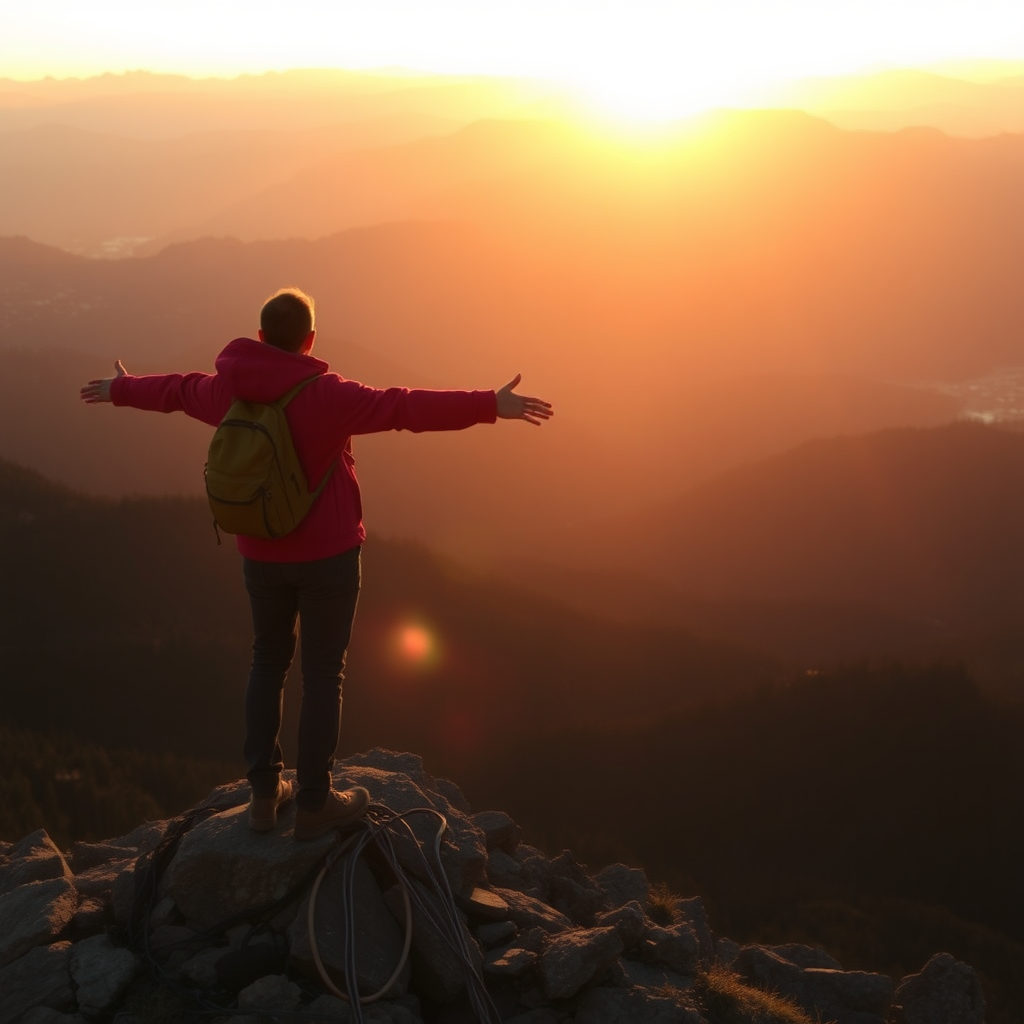 freedom. standing on a mountain. setting sun in the background