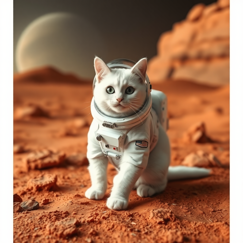 White cat on the surface of Mars  
The cat has an astronaut suit.