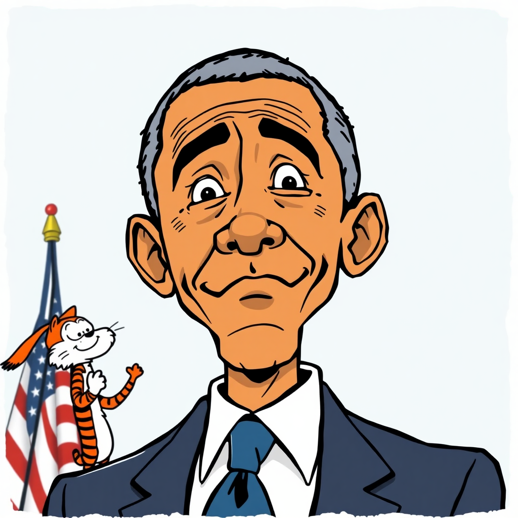 Create an illustration of president obama in the style of Calvin and Hobbes comics by Bill Watterson