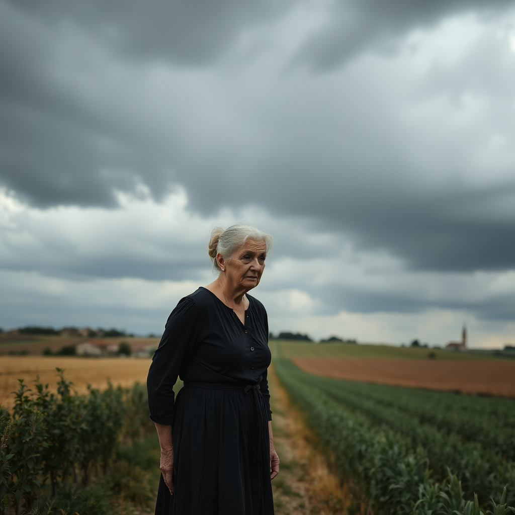 Very cloudy black sky with an elderly woman worried in a long dress in the Venetian countryside, hair tied up.