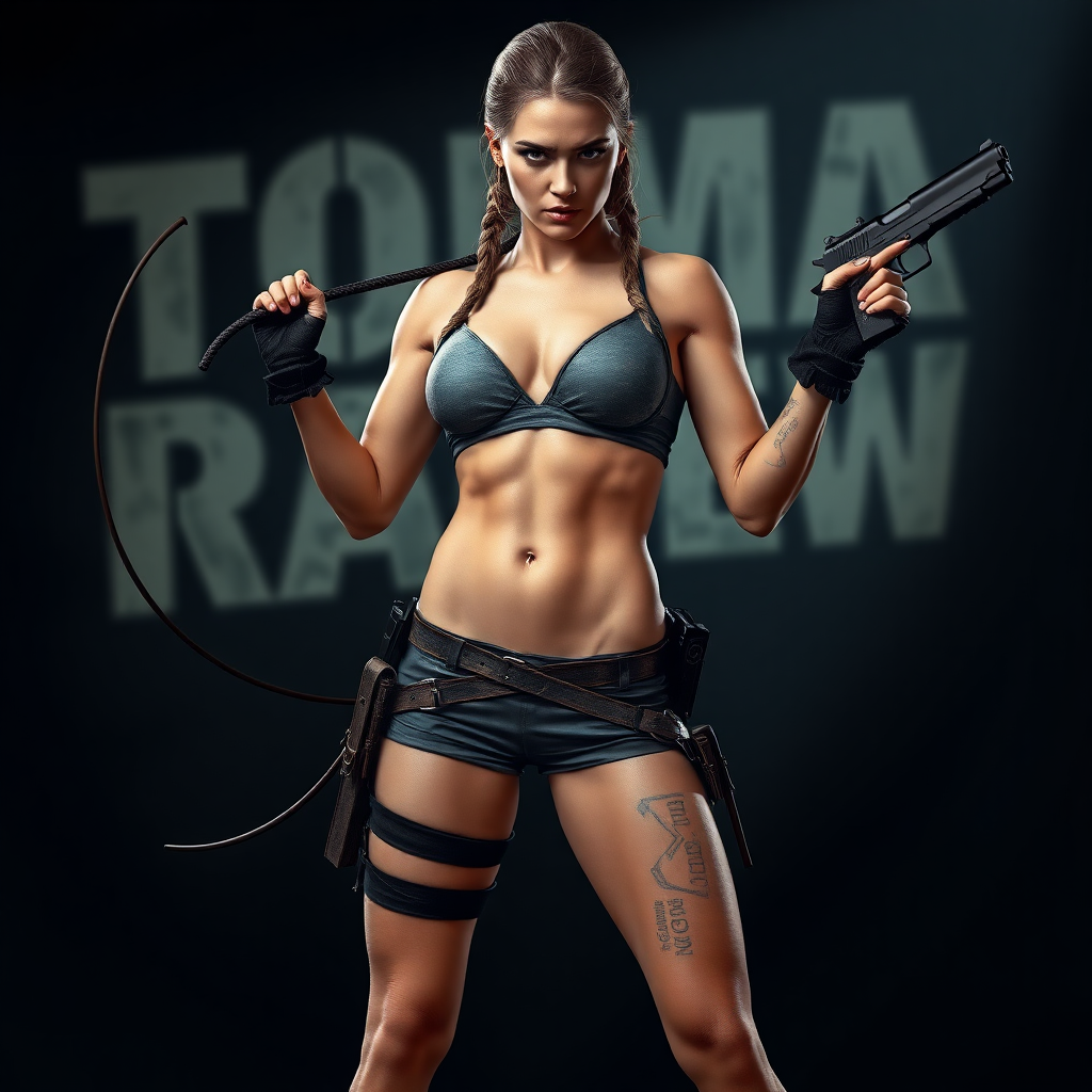 Maria Sharapova dressed as tomb raider in shredded shorts, defined abs visible, holding a whip in one hand and a gun in the other is in a combat stance ready to battle. Pay close attention to broad shoulders and powerfully toned legs. Full body shot, ray tracing, photorealistic with no distortions.