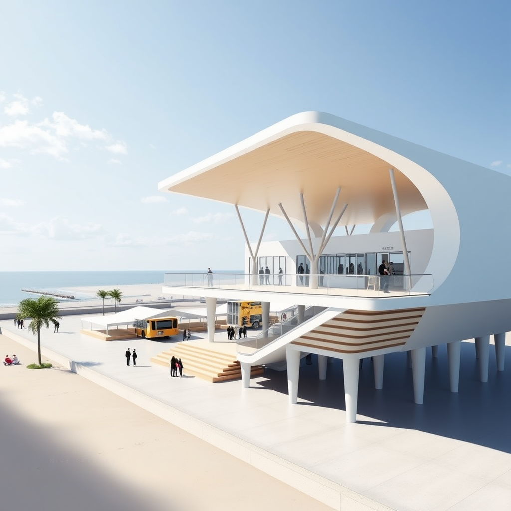 Concept design of bus terminal with stilt floor and staggered flooring with 2 storey structure. Bus terminal should be open, fluid, public space with commercial space. The bus terminal has a beach on the west side.