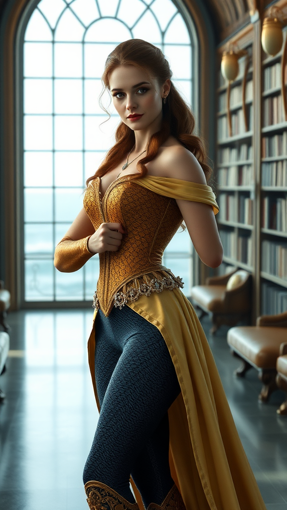 Create a hyper-realistic image of Belle from Beauty and the Beast with a modified body type resembling Aquaman's muscular physique. Maintain Belle's original head and facial features intact, but transform her figure to be more athletic and powerful. Dress her in an outfit that blends elements from both characters, suitable for her new form. Set the scene in a grand library with large windows overlooking the sea, combining Belle's love for books with Aquaman's aquatic realm. Ensure the lighting and details are vivid and lifelike.