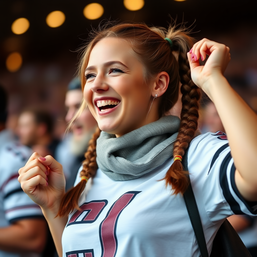 Attractive female NFL fan, pigtail hair, rejoicing