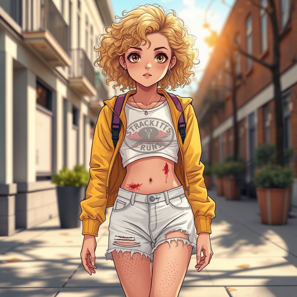 Realistic drawing style image, Extremely good quality 8k resolution drawn manga image of a 15 year old petite and short tomboy girl with golden blonde curly hair with mixed and different colored eyes for each eye and moles on her entire body and is a white American girl, Has on a Gold Jacket over a white extremely short crop top only covering her breasts and nothing more with a design on it, and has on ripped shorts and cool looking sneakers and a deep and big knife cut wound on her stomach from a huge injury she had, with a bright color backpack, ear piercings on, walking on the street to school in the morning with the beautiful sunlight lighting up her body beautifully with no tattoos.