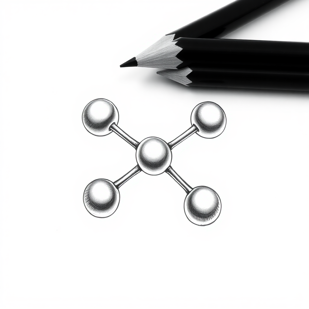 A molecule consisting of five connected atoms in a ring in three dimensional space, drawing, impossible, pencil, black and white