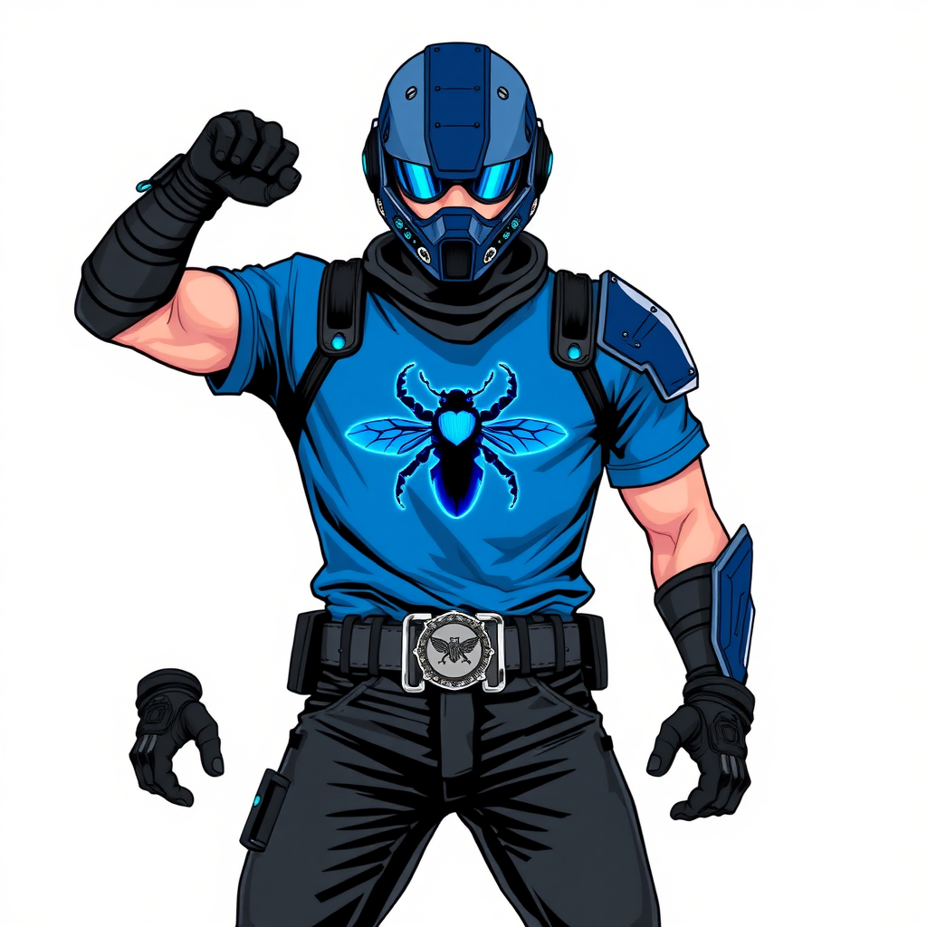 A 28-year-old cyberpunk vigilante stands heroically, clad in a high-tech, armored maximum blue t-shirt featuring a neon blue glowing beetle on the chest. They wear black biker pants, a black belt with a sapphire beetle buckle, and a maximum blue head covering helmet with neon blue glowing lenses. Their hands are protected by black metal gloves, all set against a solid white background. He is drawn as if he was in a retro 2D cyberpunk fighting game.