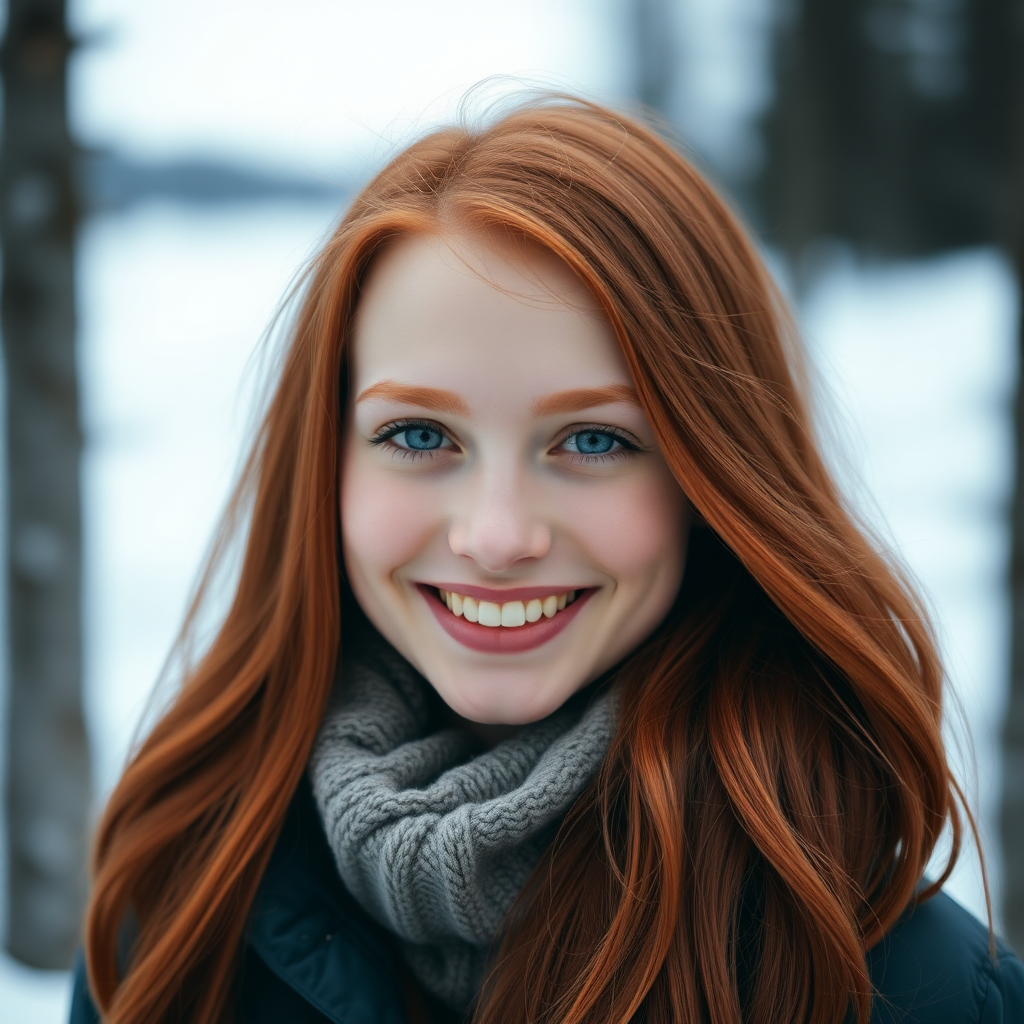 beautiful young woman with red long hair, full lips, pale skin, on Alaska, smiling