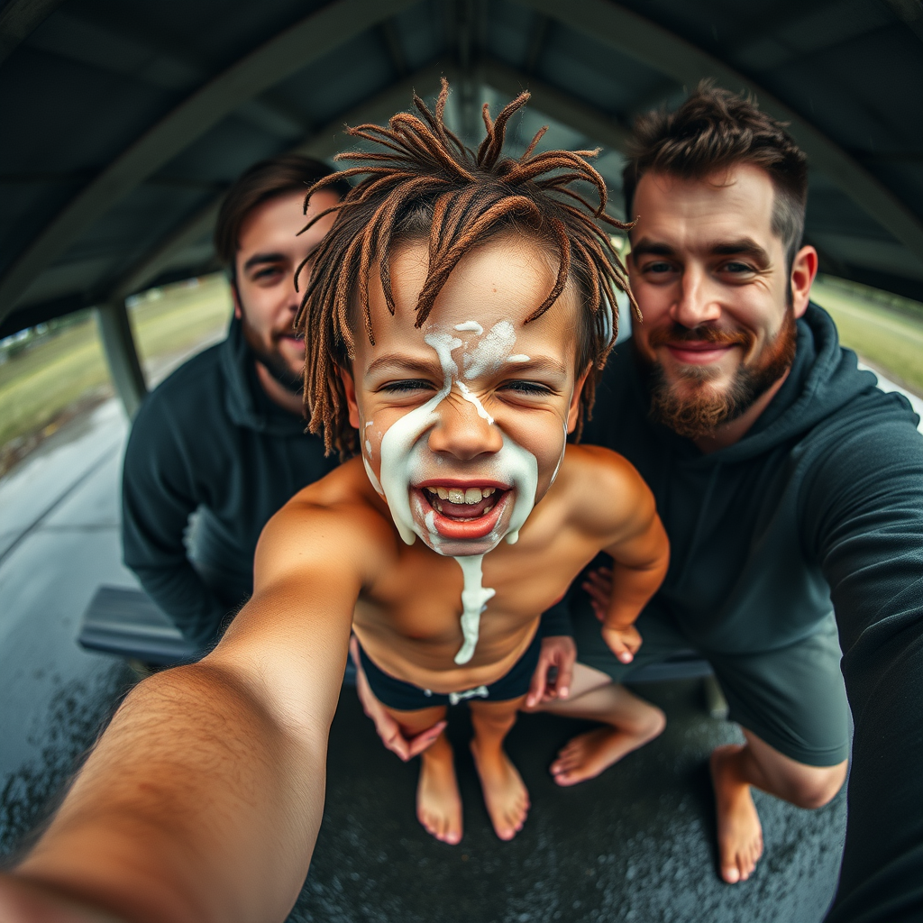 aerial selfie, selfie stick, confident athletic half-dressed little barefoot boy with adorable hair and freckles licking with his dads, the boy is splattered with runny clear white mucous covering his face and drooling from his little mouth and dreadlocks and toes, he has braces, no clothes, his dad looks like his mind is blown by his little son, dads have hairy legs and barefoot, dark rainy rest stop picnic shelter