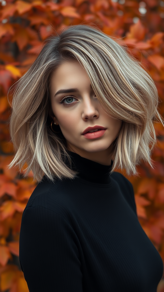 Emily Ratajkowski with a voluminous bob haircut, ash blonde color, against a background of autumn chestnut foliage, in high definition.