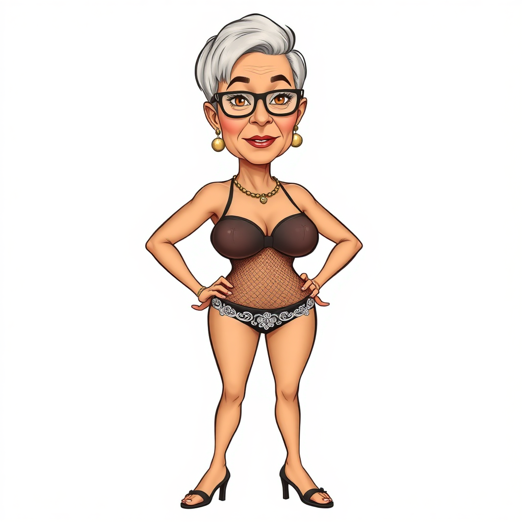 a towering 55 Years old, fit, slim, European, Latina, sharp aquiline nose, wrinkles, high cheekbones, Middle Eastern, Skinny, Tanned skin, Dark light skin, Rounded Medium breasts, Skinny thighs, full Makeup, jewelry, Serious face, Sharp nose, Ash hair, short bowl haircut, Brown eye color, Glasses, with detailed features. Hands on hips, she is wearing a transparent brown mesh tight tank top, black balconette bras and embroidered white thong, detailed fabric. full body, high heels sandals, she is gesturing at the viewer, long establishing shot, 2D, caricature, cartoon, Sketch lines, coloring book, black and white, coloring book style on white background, well composed, clean coloring book page, No dither, no gradient, strong outline, No fill, No solids, vector illustration, realistic proportions