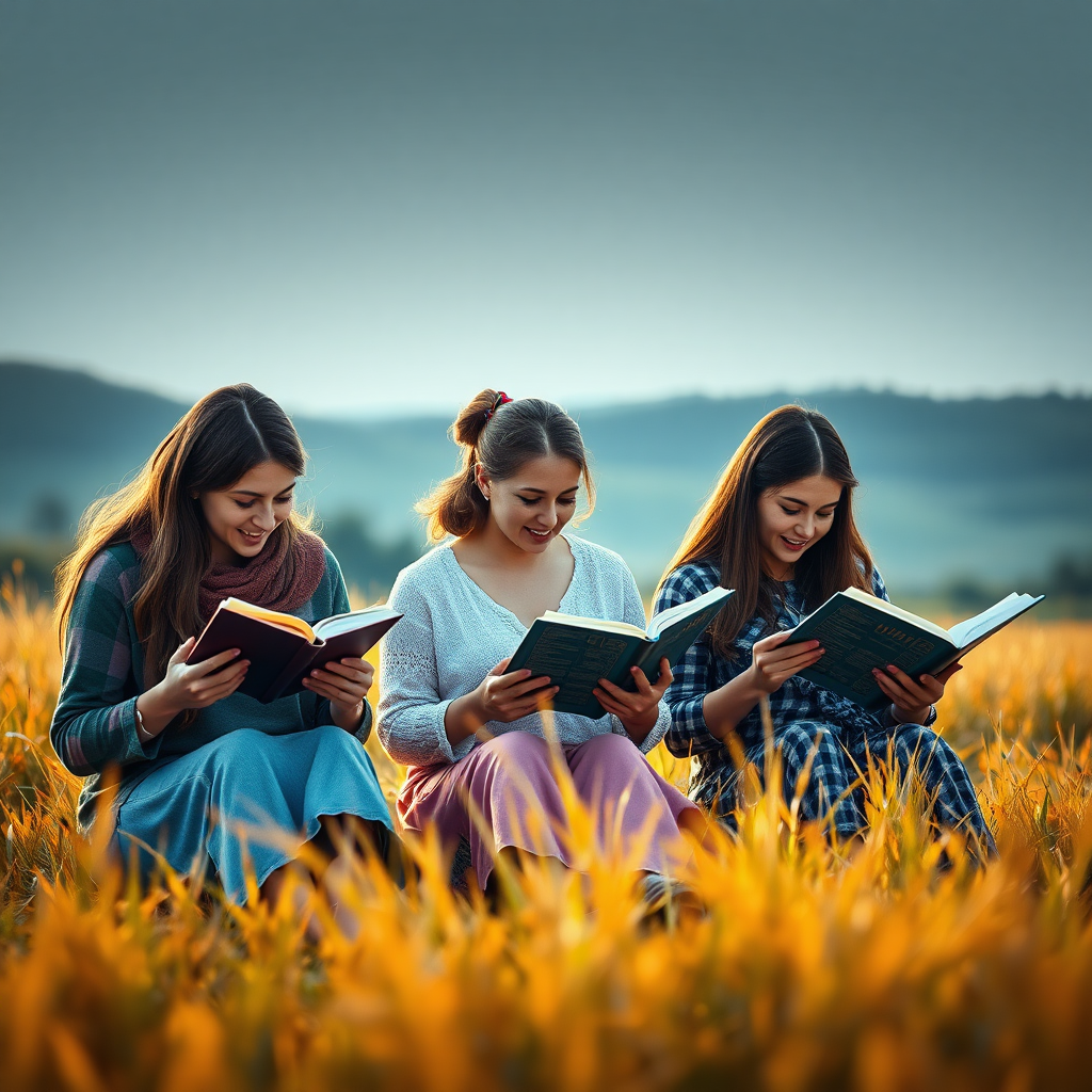 A banner with an image of several evangelical Christian women reading their Bibles in an outdoor field, digital art style, ultra detailed, cinematic lights, high quality, 8K