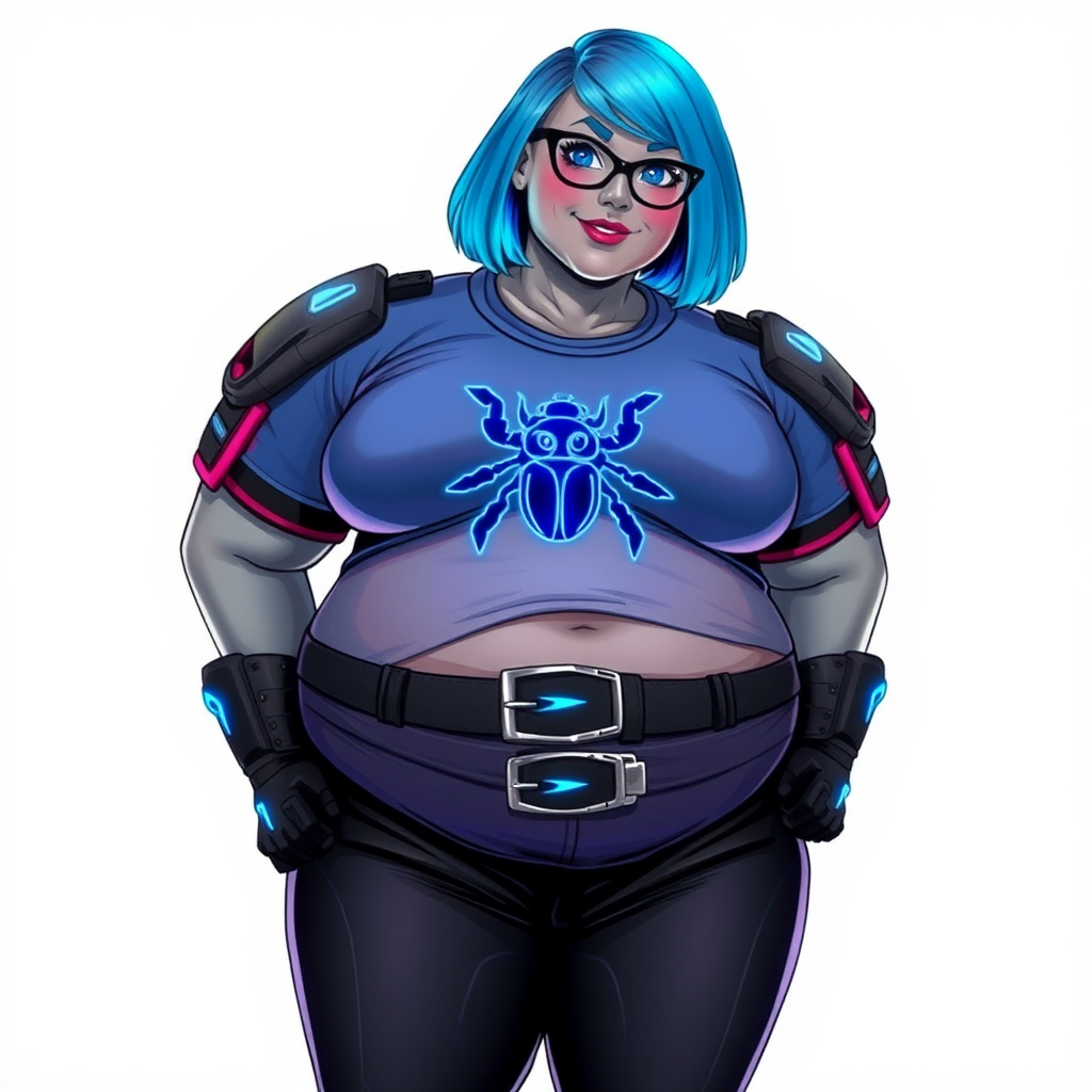 A 28-year-old, full-figured, middle gray skinned computer program hybrid with a maximum blue bob cut. She has a non-athletic build, highlighted by a prominent, round, large midsection (with heavy emphasis on her belly). As a digital sidekick, computer hacker, and nerdy girlfriend to her cyberpunk vigilante boyfriend, her middle gray metallic skin and maximum blue lipstick emphasize her digital nature. She wears a digital, computerized costume consisting of a gargantuan, tight-fitting, maximum blue t-shirt with a neon blue beetle chest icon, hi-tech shoulder pads with neon blue accents, a black belt with a digital neon blue glowing beetle buckle, black biker pants with neon blue glowing accents, and black hi-tech gloves with neon blue glowing accents. Her bright blue eyes, black eyeglasses, and lovestruck smile with neon red blush accentuate her nerdiness. She stands bashfully with her hands behind her back, her costume covering all her skin and emphasizing her full-figured physique (especially her belly). She is clearly non-athletic, with a focus on her full-figured physique. Despite her build, she radiates beauty. She is on a solid white background. She is drawn as if she was in a retro 2D cyberpunk fighting game.