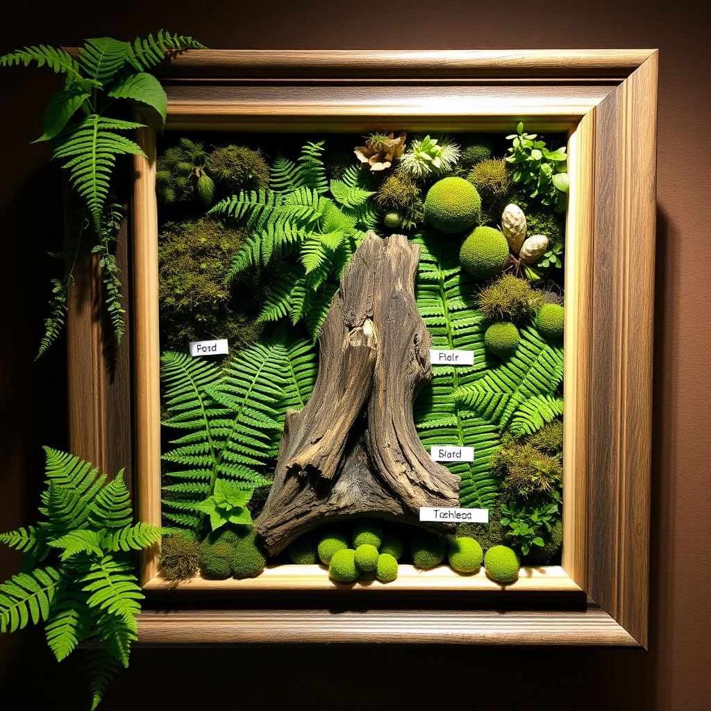 A picture frame filled with ferns and moss, with a piece of dead wood standing in the middle, and labeled with the types of plants.