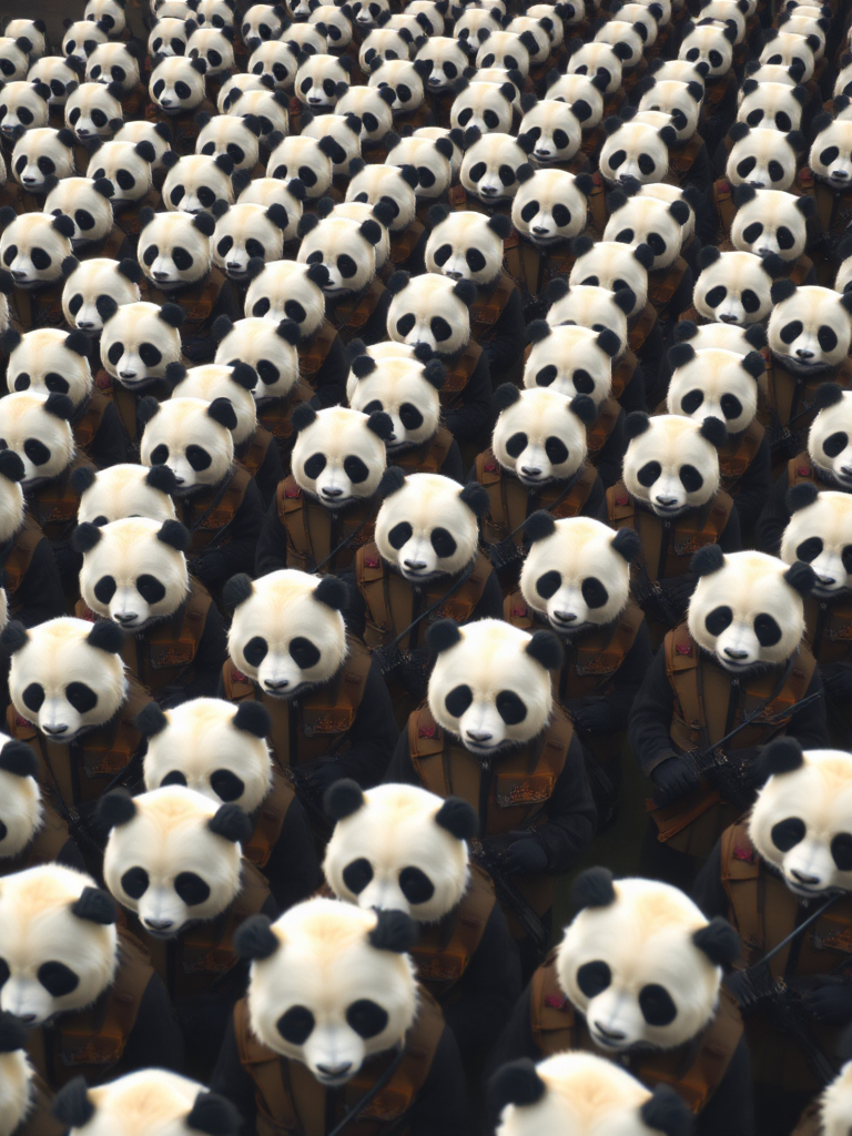 A birds eye view of an army of panda bears dressed up as soldiers