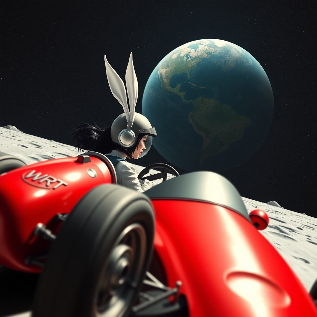 On the surface of the moon, where many craters are visible, a red racing car speeds by, with "WRT" written on it. A black-haired beautiful female racer grips the steering wheel tightly. She is wearing a helmet adorned with upright white rabbit ears, and in the distance is the enormous round blue Earth.