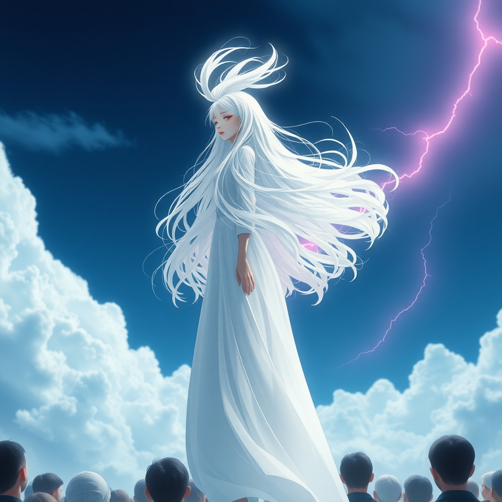 1 girl, solo, long hair, closed mouth, closed eyes, white hair, sky, clouds, white floating, floating hair, cloudy sky, audience facing, long skirt, electricity, pink lightning, Movie, Photo, Rich in Detail, Ultra High Resolution, 32K UHD, Sharp Focus, Best Quality, Masterpiece, Superb Details, Finely Balanced, With Exquisite Textures, Concept Art, mid-air, eye shadow, makeup,