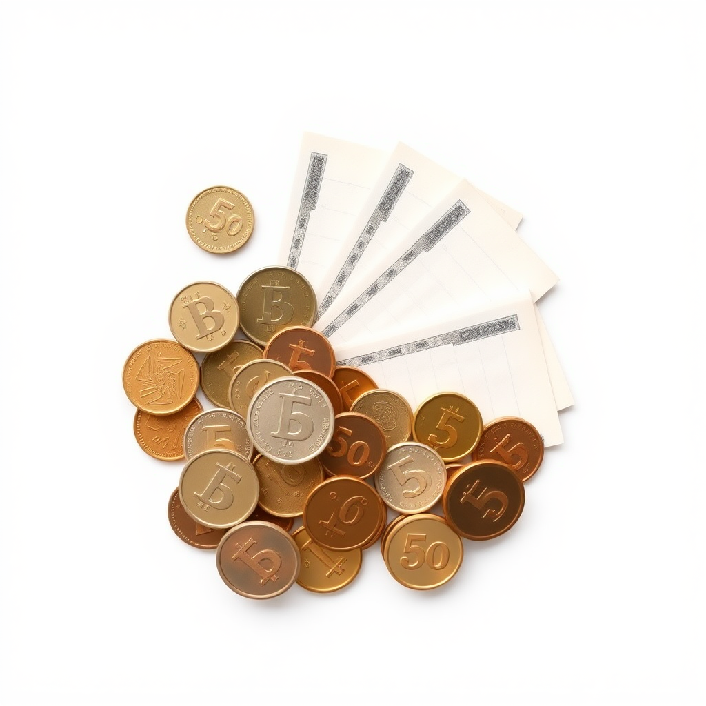 Create a high-quality stock image depicting a simple, minimalist arrangement of plain coins and plain paper currency notes. The coins should have a uniform, unadorned design without any distinguishing features or markings. Similarly, the paper bills should be plain, lacking any specific national branding or imagery.

Arrange the plain coins and notes in an aesthetically pleasing composition, with a clean, neutral background. The overall style should have a modern, minimalist look and feel, suitable for use as a commercial stock image.

Ensure the image conveys a sense of generic, universal currency, without referencing any particular country or denomination. The focus should be on the basic forms and shapes of the monetary elements themselves.