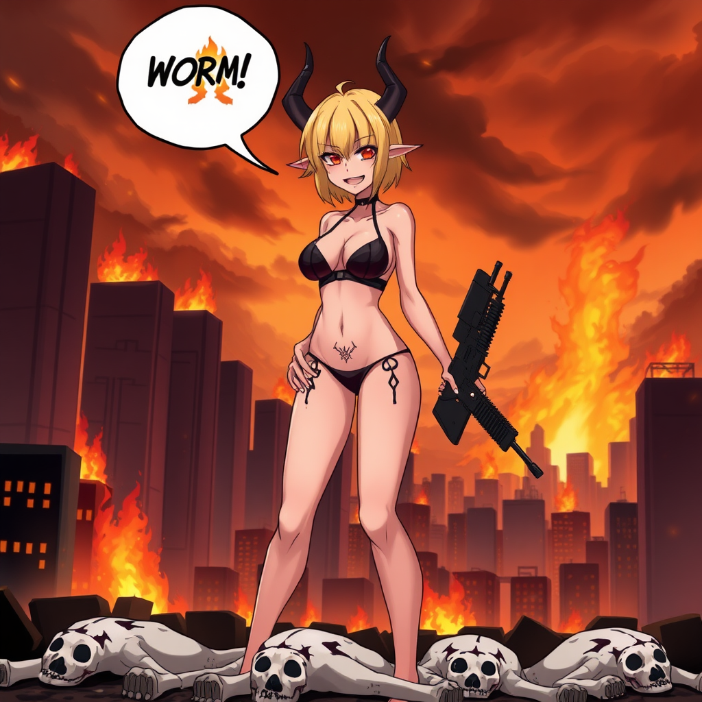 Anime, city on fire background, A mischievous tall-slender demon girl, short blond hair, wearing sexy-micro bikini-bra-like clothing, g-string, Womb tattoo on belly, mischievous smile, large breasts, full body, long legs, looking at viewer, speech bubble with a burning city, holding rifle, down below is 4 dead-white corpses