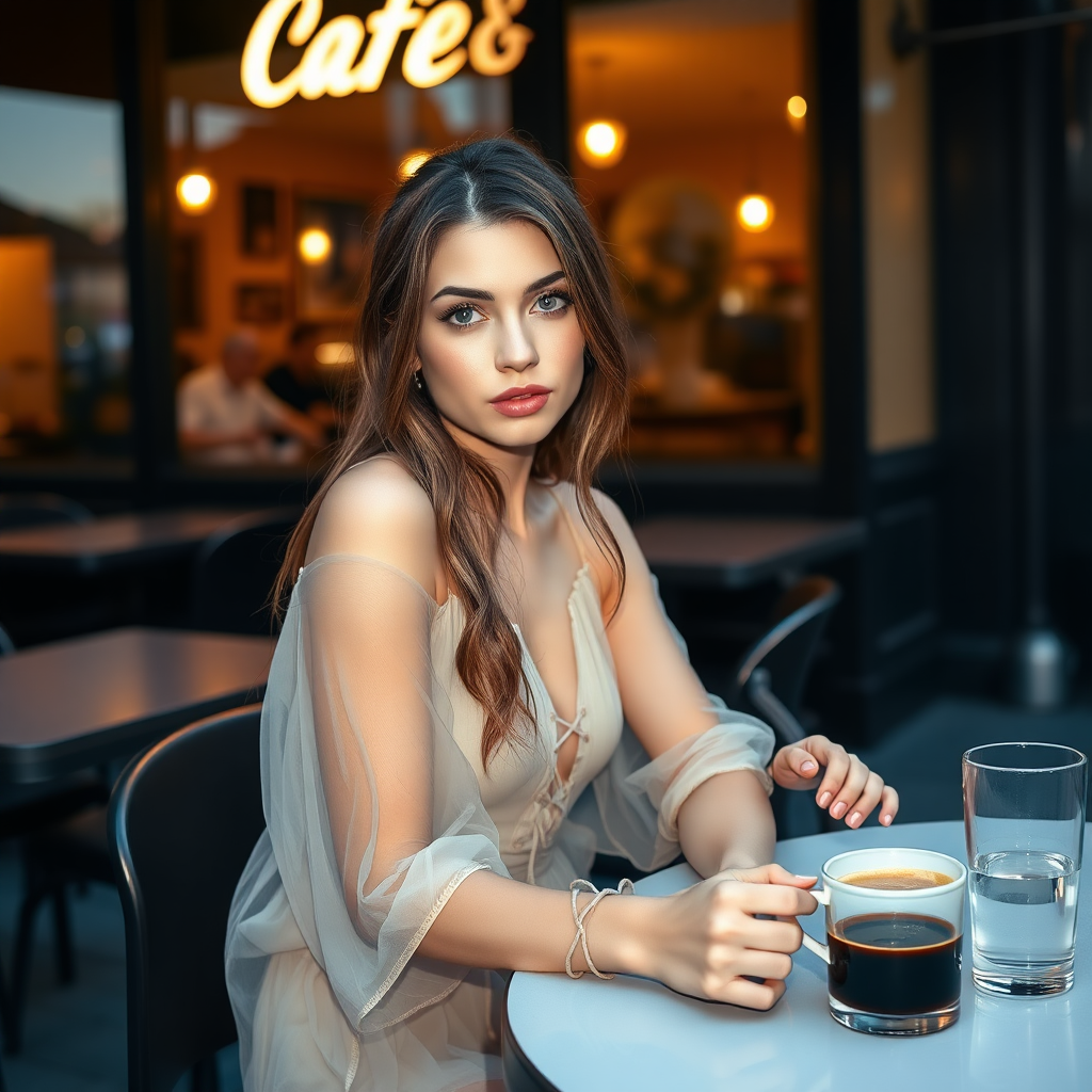 A young woman with brunette hair and pale blue eyes, wearing a translucent dress and lace-up high heels. She is sitting in front of a café at a table, with a cup of steaming coffee and a small glass of water on the table. Late evening. Photo.