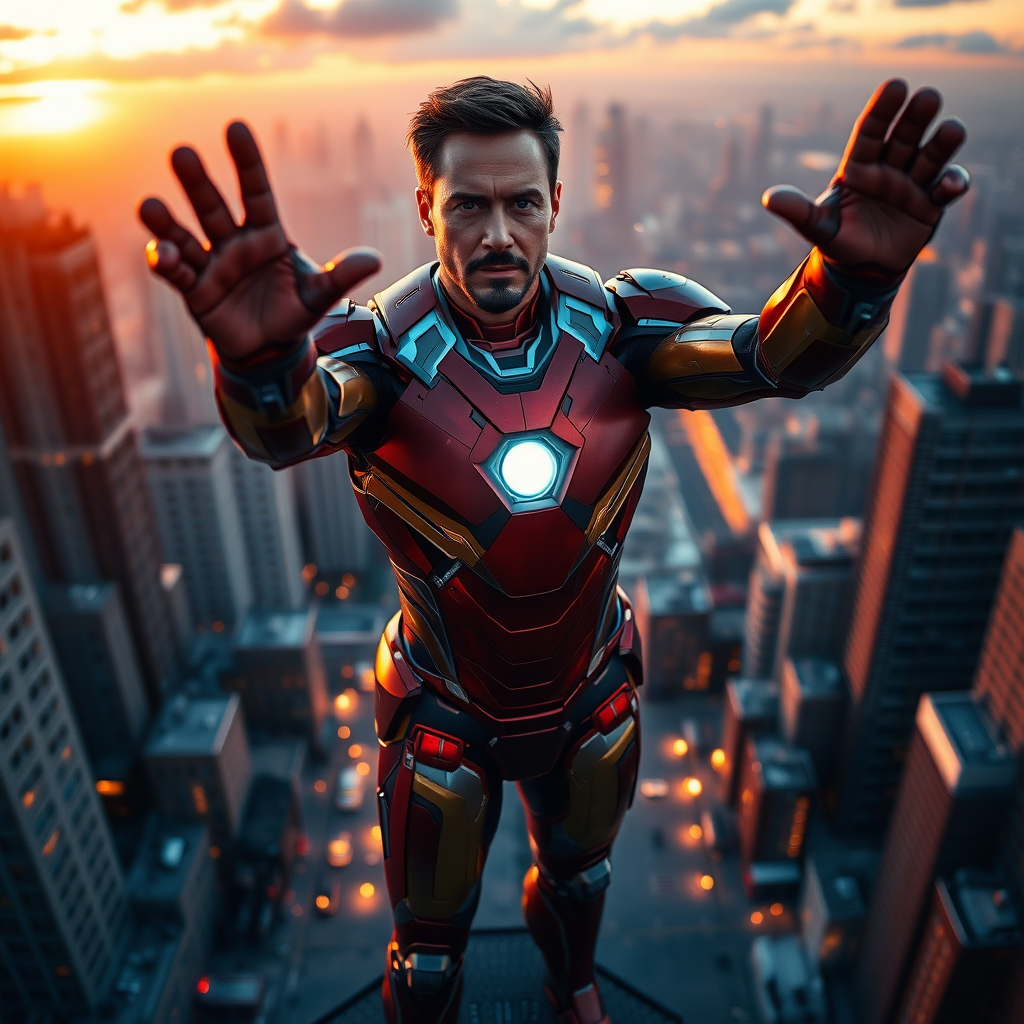 An action-packed, visually striking scene of tonystark in ironman suit, no mask, standing triumphantly amidst a dramatic, cityscape backdrop at sunset, camera angle: bird's eye view, with vibrant colors and sharp contrasts to make him stand out.