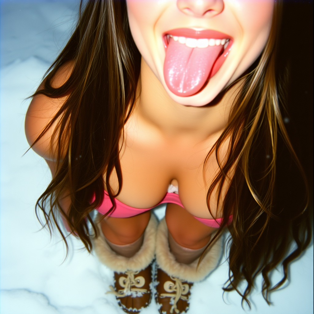 An amateur, underexposed photograph of a bikini model sticking her tongue out and smiling. She is in the snow. She is wearing warm boots. It is daytime.