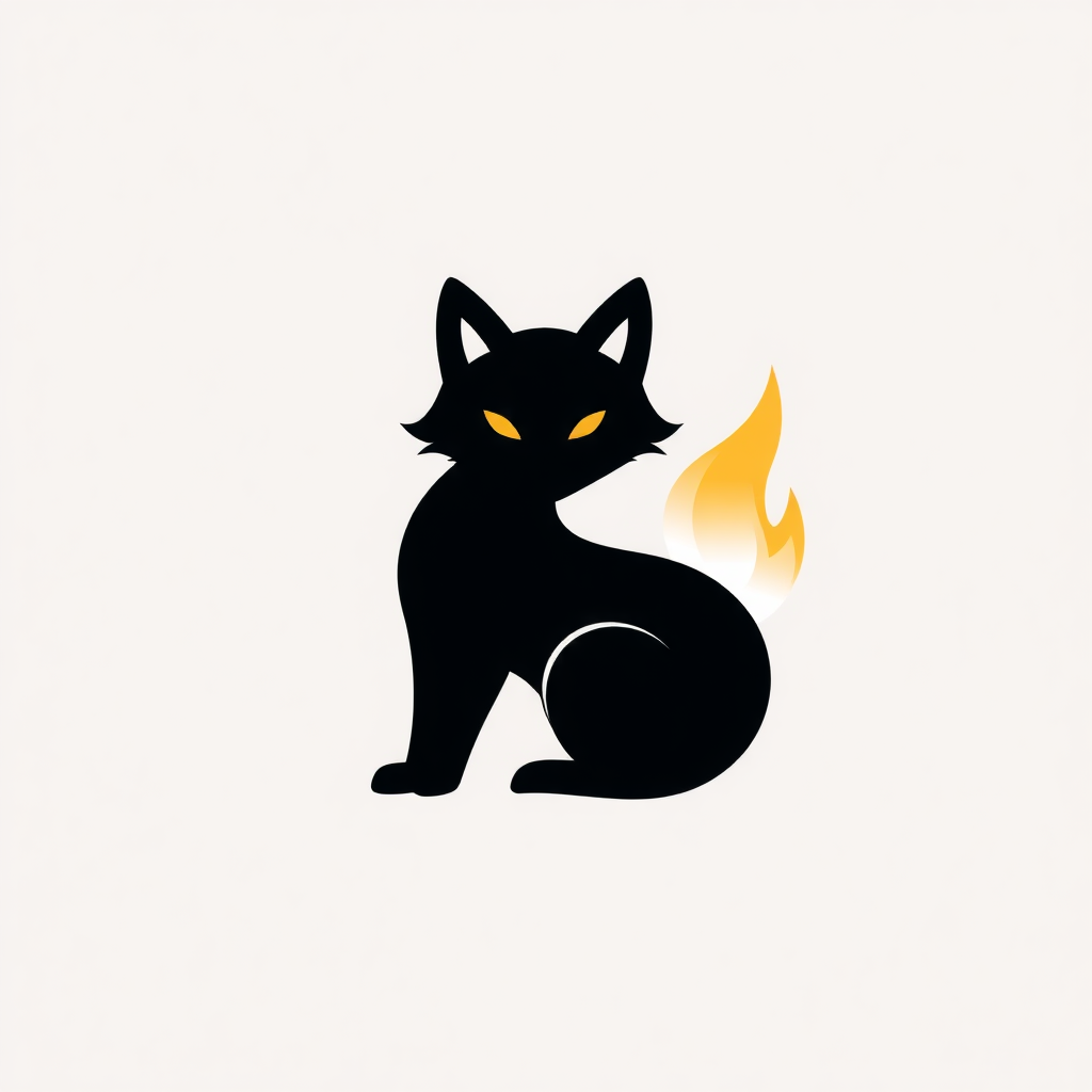 A minimalistic logo of a black fox with fire for a tail and eyes