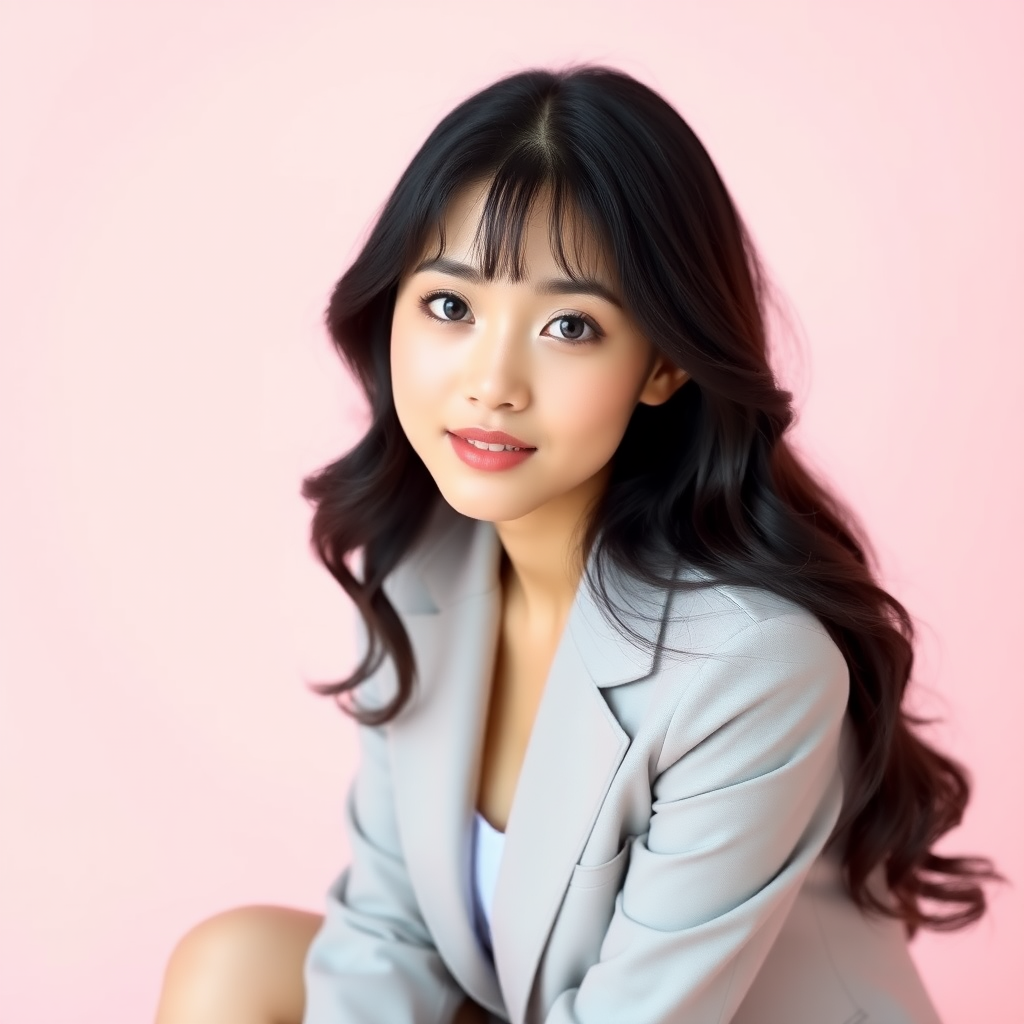 Asian portrait. A young woman, possibly twenty-five years old, with long, wavy black hair and fair skin, is kneeling in front of a light pink background. She has lovely eyes and is looking towards the camera. She is wearing a business-style professional suit. It's a half-length photo exuding fashionable charm.