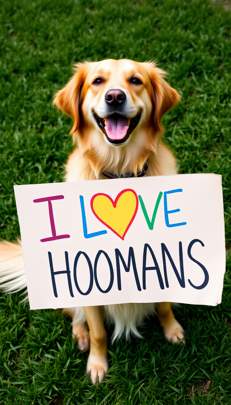 (A golden retriever dog) sitting on its hind legs and holding a large cardboard sign in its mouth that says I LOVE HOOMANS in colorful, hand-written lettering. The dog has a cheerful, friendly expression and is surrounded by a lush, green grassy background.