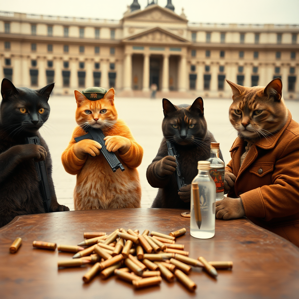 4 cat-men in a large square, one dark-skinned holding an AK-47, one orange with a Russian military cap, one dark brown and one light brown, USSR communist with vodka, around a table with bullet casings on it (film photo style)