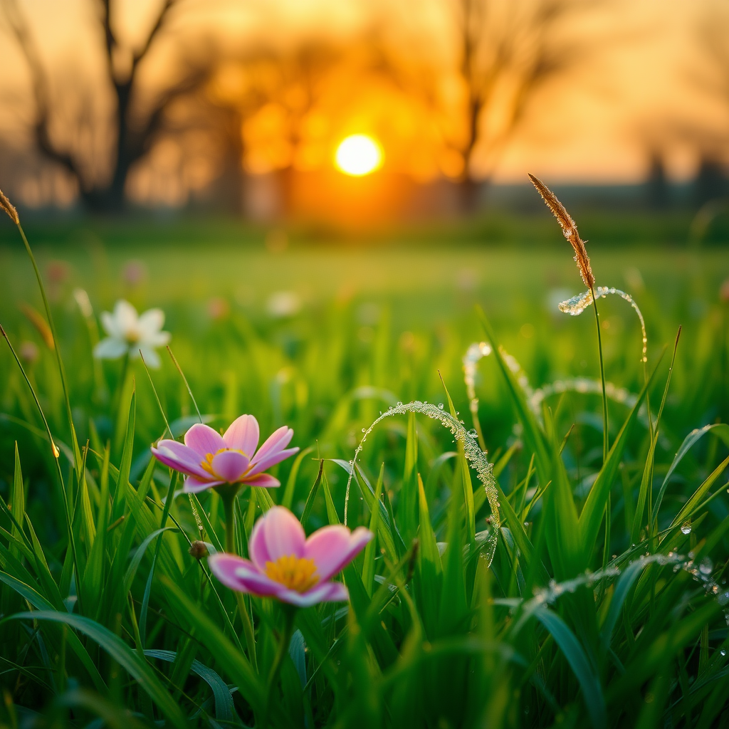 A BEAUTIFUL SPRING LANDSCAPE AT SUNRISE WITH THE IMAGE OF CLOTHES, THE FLOWERS IN THE GRASS AND WITH WAVES OF MORNING DEW