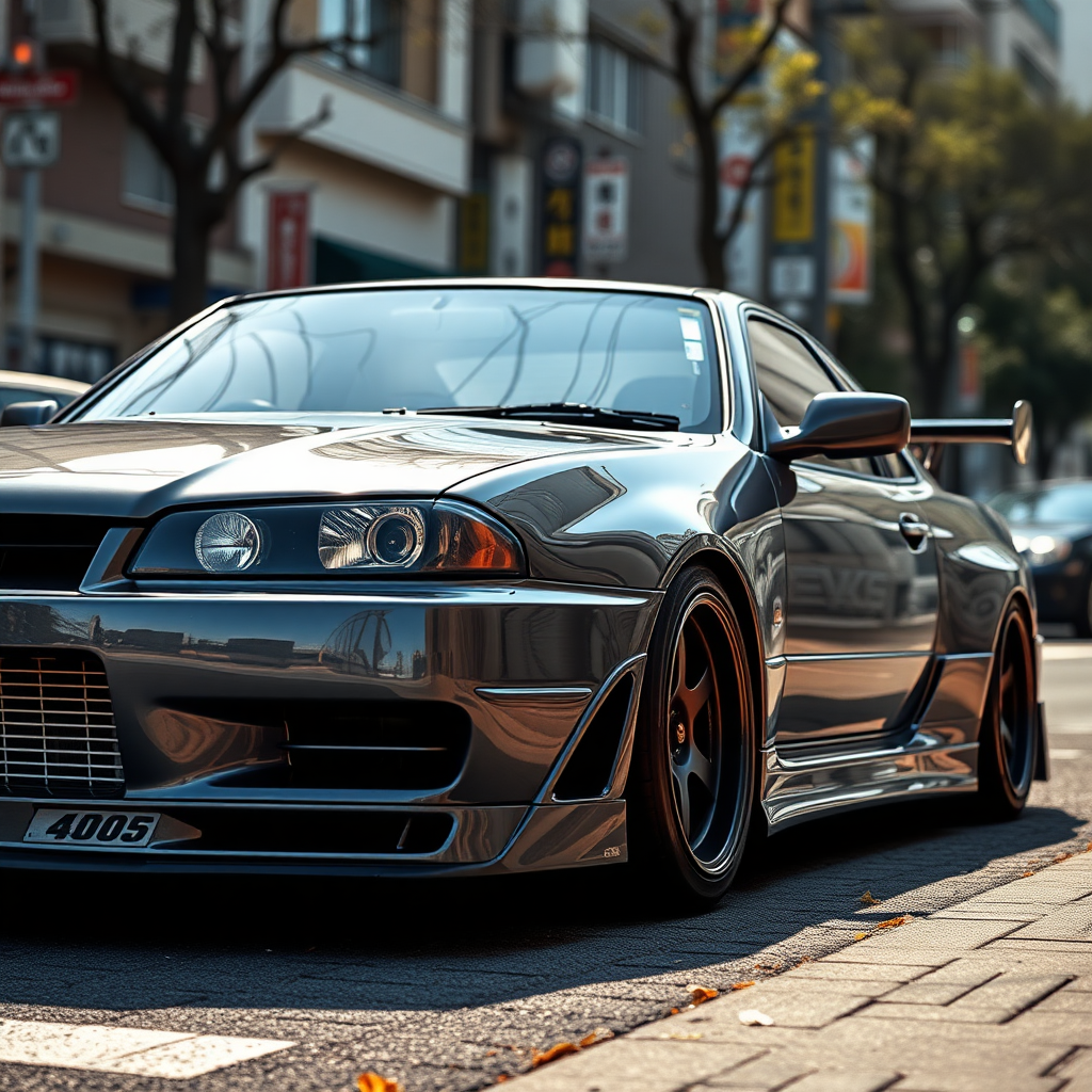 The car is parked on the side of the road, inspired by Taiyō Matsumoto, tumblr, restomod, nd4, c4 metallic shine gray black nissan skyline r34 kalabalik tokyo gece arkaplan ayrıntılı genel detaylar