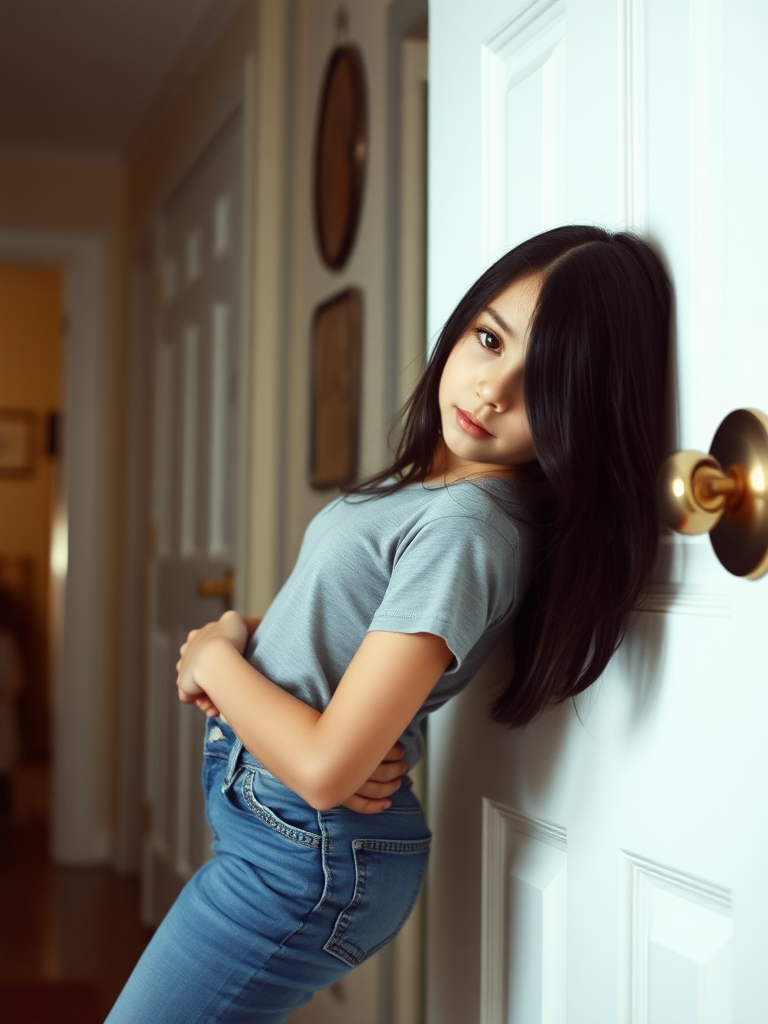 A cute 13-year-old white girl with long black hair, wearing a t-shirt and jeans, leaning seductively up against the inside of a doorway in a 1990's house.