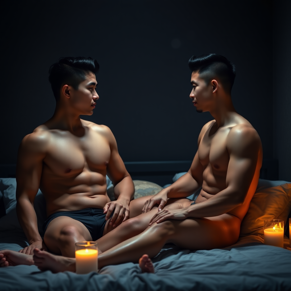 lean fit muscular asian males, athlete couples, short hairs, fair skins, good looking figures, hang out on bed no cloths, chit chating, inside dark room, low light, candles around the room. real photo, high detail, high quality