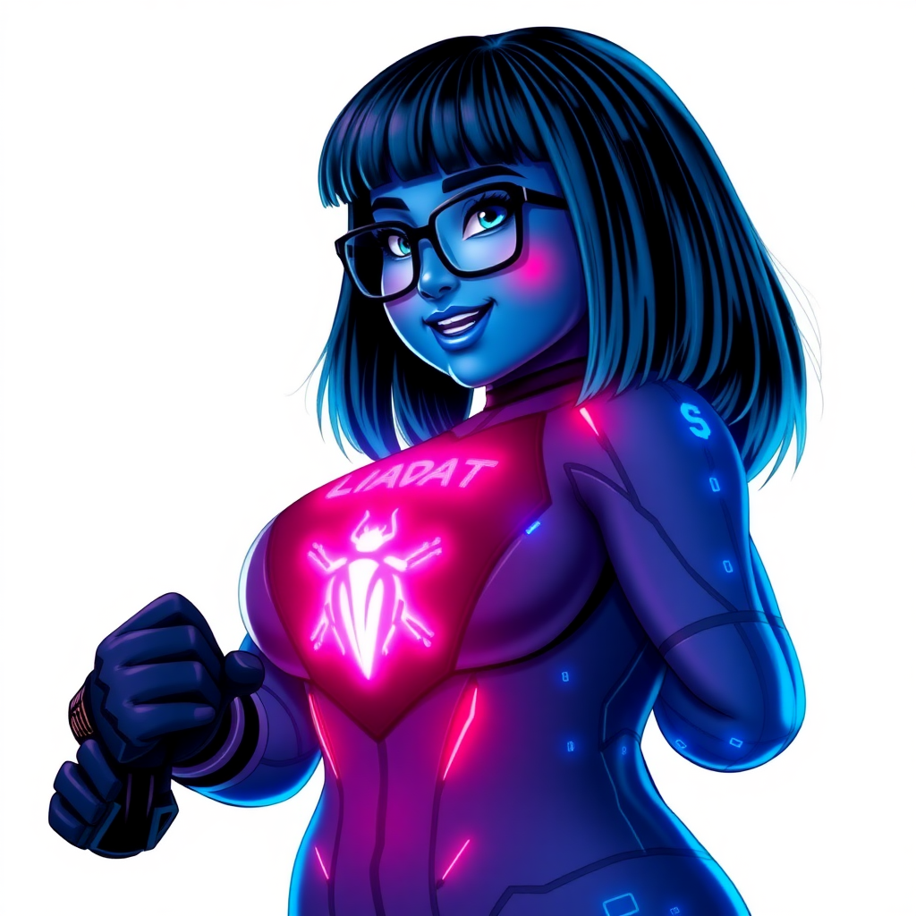 A full-figured as 300% 29-year-old computer science major, now transformed into a full-figured, maximum blue skinned nerdy digital sidekick for a cyberpunk vigilante, with maximum blue skin. Her bob cut seamlessly blends with her skin, forming part of her data, and her neon blue eyes glow intensely. Her full figure is defined by a prominently, round, gargantuan midsection, sequoia-sized limbs, and broad shoulders. As a loyal and supportive sidekick, she plays a crucial role in their missions, using her digital skills to assist and protect. She wears a digital catsuit blending with her hair and skin (appearing to merge together as computer data), all featuring the same maximum blue shade and a bright neon blue glowing chest icon of a beetle, along with matching high-tech gloves. She bashfully giggles with a neon red blush, emitting neon blue data cubes from her body, set against a solid white background. Heavily pampered by her doting boyfriend, her full figure clearly shows this care. She has the ability to hack into computers and machines, and her nerdiness is blatantly obvious with her black oversized eyeglasses. Her full figure (especially her prominent round gargantuan midsection) is prominently displayed and heavily emphasized. Her outfit is influenced by DC’s Jennifer Knight Phantom Lady but remains distinct. She is drawn as if she was in a retro 2D cyberpunk fighting game. Ensure her skin tone is distinct from Inside Out's Sadness from any other character. Her proportions are bloated to emphasize her full as 300% figure.