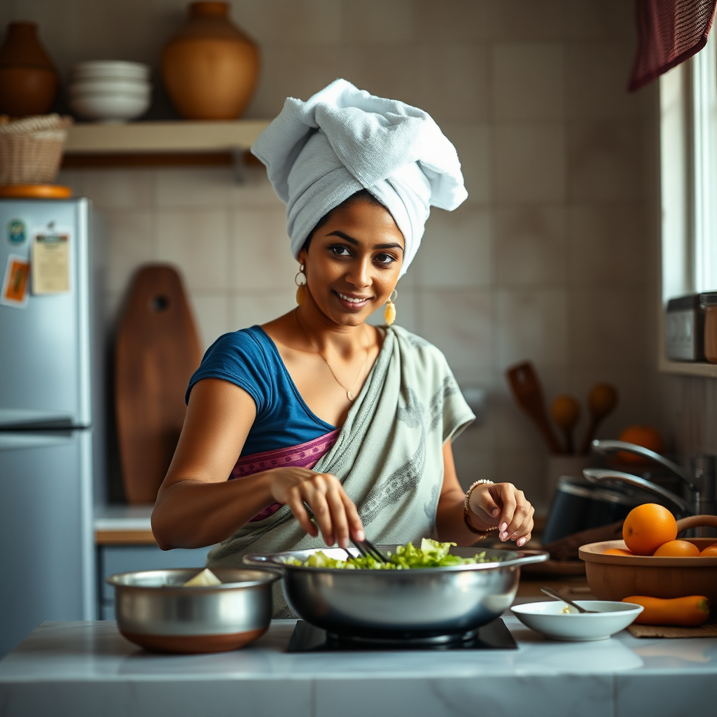 slim, 35 year old, traditional indian wife, towel head, cooking food in kitchen