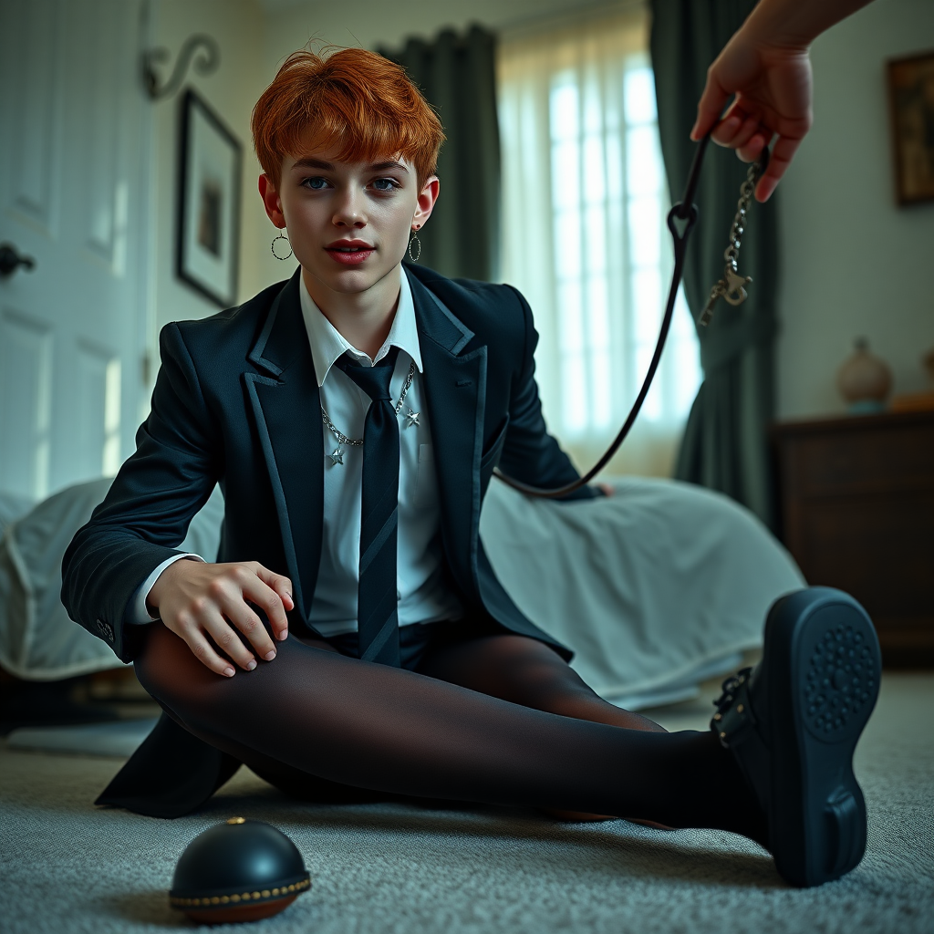 photorealistic, ultra high resolution, 16K, surreal fantasy, soft studio lighting, Tyler Swift is a pretty 18 year old goth male, slim male physique, auburn hair, goth makeup, earrings, shiny black pantyhose, school uniform shirt tie and blazer, Mary-Jane shoes, spikey neck collar chain and leash, on all fours in the bedroom, his boyfriend is holding the end of the leash, in daylight, excited smile, facing the camera.